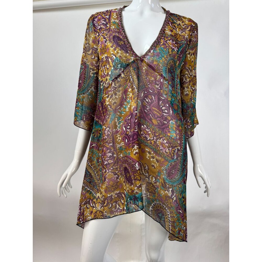 WD.NY Sheer Boho Tunic Top M Paisley Jewel Accents Purple/Yellow